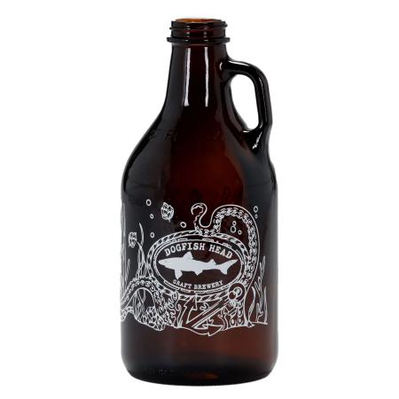 Amber 32oz Dogfish Head glass growler with a white underwater-themed design featuring the Dogfish Head logo wrapped in octopus tentacles.