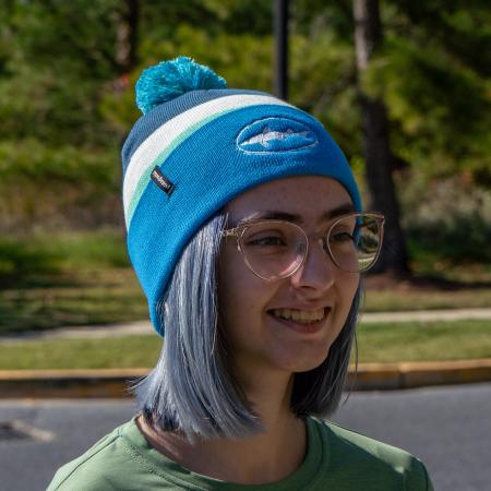 Dogfish Head and Patagonia Blue Stripe Lightweight Beanie in Blue and White with White Dogfish Head Shark Logo on Front