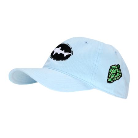 Blue Baseball hat with Shark & Sheild front logo and hop logo on side 