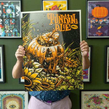 2022 Punkin Screen Print Full Sized Poster Showing A Pumpkin and Sunflowers