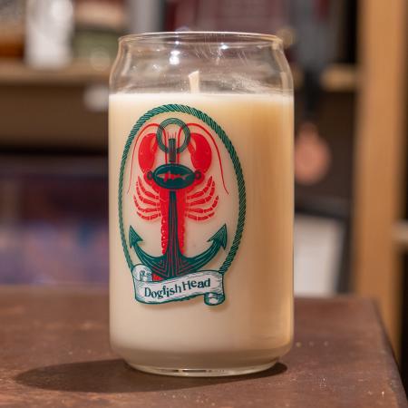 Dogfish Head Nautical Can Glass Candle With Blue Anchor and Red Lobster Design On Front