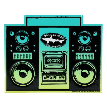 Metal tacker sign styled like a retro boombox with Dogfish Head Beer & Cocktails logo and a blue-to-green gradient background.