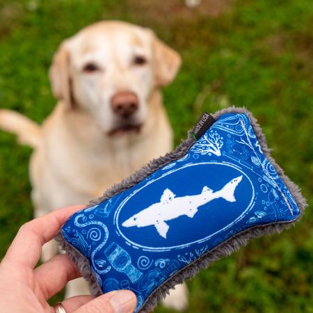 Dogfish Head Nautical Dog Toy in Blue with White Dogfish Head Shark on Front and Gray Plush On Back 