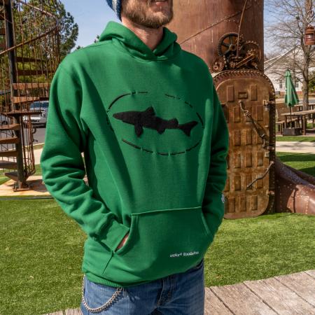 A green boathouse heavyweight sweatshirt with the Dogfish Head logo embroidered in black on the front.