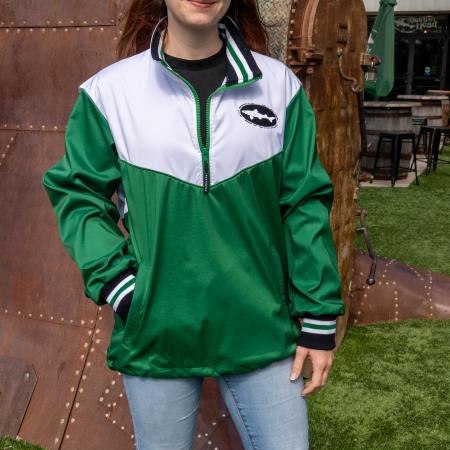 A green and white Boathouse pullover jacket with the Dogfish Head logo on the top left side of the chest.