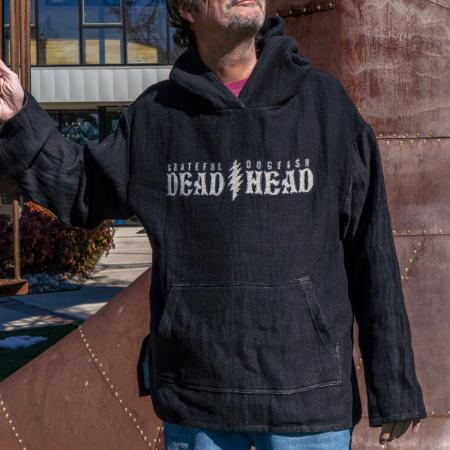 Fiberart knit hoodie sweatshirt with Grateful Dead Dogfish Head text across front chest divided by lightening bolt