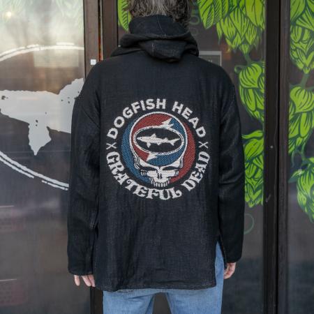 Back view of knit hoodie with Dogfish Head Grateful Dead skull headphone and shark & sheild logo