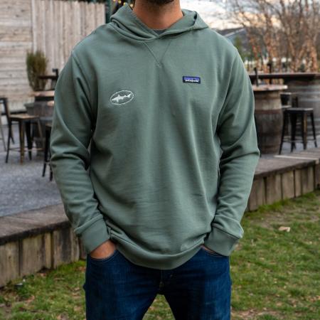 hemlock green cotton hoddie, dogfish head logo embroided in in the front