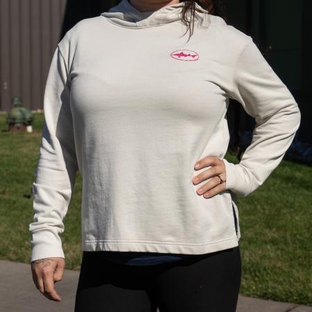 Dogfish Head and Patagonia Dyno White Cotton Essential Hoody with Pink Dogfish Head Shark Logo on Front Worn By a Model