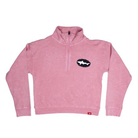 Front and back views of a coral-colored women's quarter-zip pullover with the Dogfish Head shark logo on the left chest.