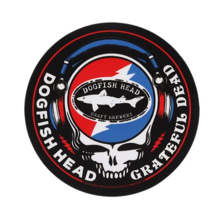A circular sticker of the Dogfish Head x Grateful Dead logo
