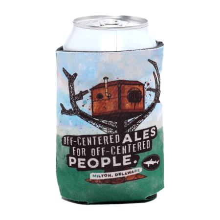 Steampunk treehouse can cooler with "OFF-CENTERED ALES..." slogan and Dogfish Head logo.
