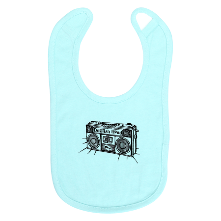 Light blue children's bib with boombox design