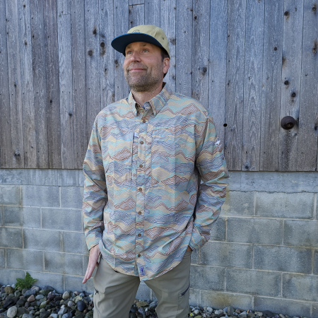 Dogfish Head and Patagonia Tan Mountain Button Up Front View On Model