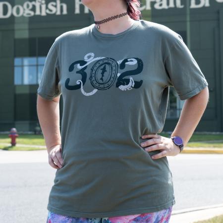 Dogfish Head 302 Willow Green Tee Front View On Model
