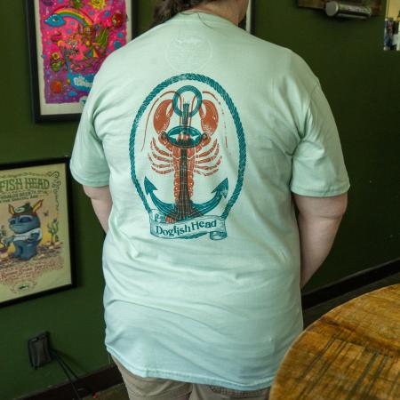 Dogfish Head C&M Green Anchor Tee Back View of Graphic With Anchor And Lobster On Model
