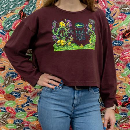Dogfish Head Nordic Spring Long Sleeve Crop Tee in Maroon with Nordic Spring Design On The Front On Model