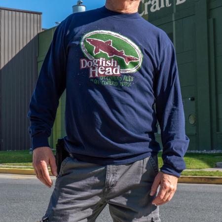 Navy Long Sleeve OCA Logo Tee in Navy Blue with Green And Burgundy Lockup Shark On The Front
