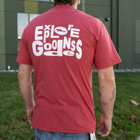 Red Explore Goodness Tee in Red with Explore Goodness in White Lettering On The Back