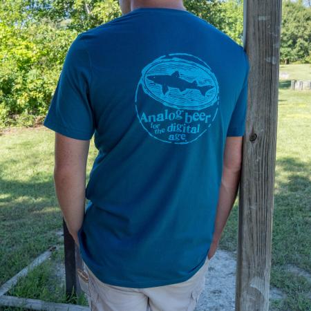 Dogfish Head Teal Sharpie Analog Tee on Model Showing Dogfish Head Light blue Shark Logo
