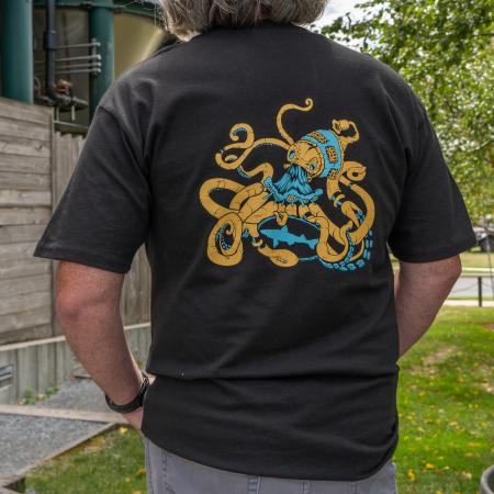 Back of shirt with blue and yellow Kraken artwork