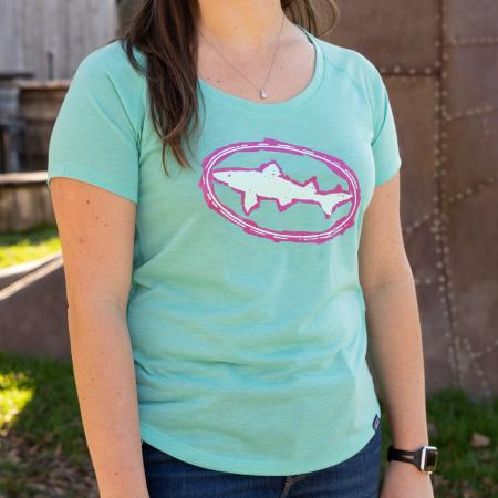 Dogfish Head and Patagonia Women's Punk Pink Logo Runner Tee in Light Blue with Pink and White Shark Logo On The Front