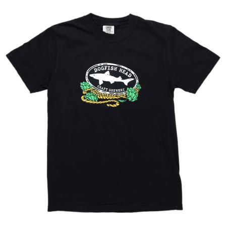 Black short sleeve tee featuring the Shark & Shield logo wrapped with a rope hop design