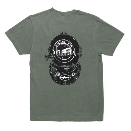 Green short sleeve tee back view with diver helmet art 