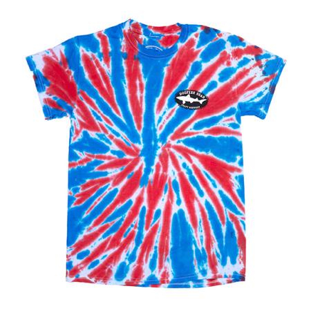 Front Red, White & Blue Tie Dye Short Sleeve crew neck tee with small Shark & Shield logo 