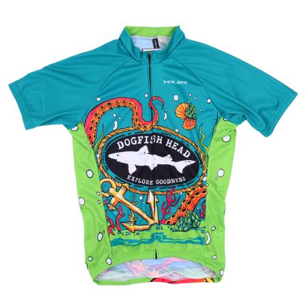 A vibrant short-sleeve cycling jersey with underwater-themed artwork, including tentacles, hops, and sea creatures. The front features the Dogfish Head “Explore Goodness” logo, surrounded by a rope graphic.