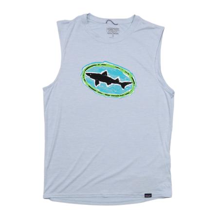 Light blue Dogfish Head x Patagonia sleeveless tank top with a large graphic of the Dogfish Head shark logo in black, turquoise, and green on the chest.
