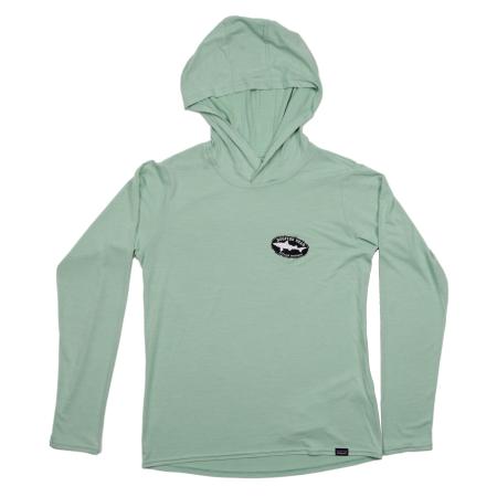 Teal women’s long sleeve Dogfish Head x Patagonia performance hoody with a small black-and-white Dogfish Head shark logo on the left chest.