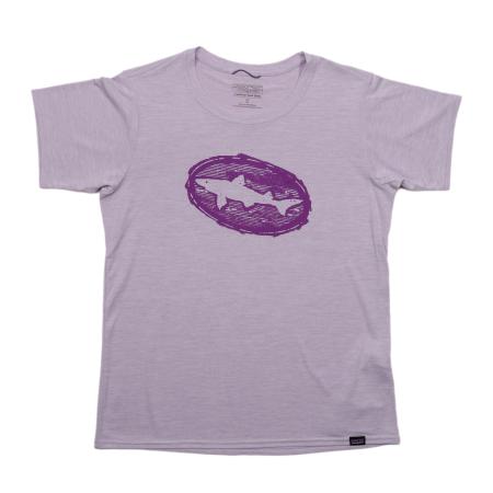 Lavender women’s short sleeve Dogfish Head x Patagonia performance tee with a large purple Dogfish Head shark logo centered on the chest.