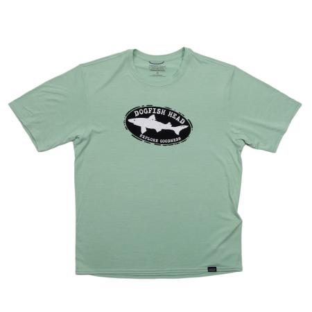 Dogfish Head x Patagonia short sleeve t-shirt featuring a black and white oval logo with a shark silhouette and the words “Dogfish Head – Explore Goodness” on the chest.
