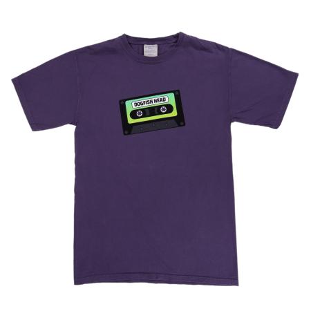 Purple short sleeve t-shirt with a green and black cassette tape graphic that says “Dogfish Head” on the front center.