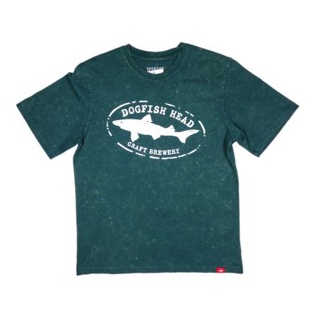 Front and back of a garment-dyed emerald green Dogfish Head short sleeve t-shirt with white Dogfish Head Craft Brewery logo on the chest.