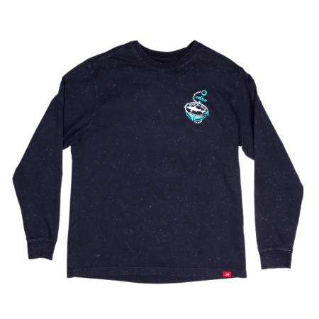 Front and back views of a black long sleeve tee featuring a teal and white Dogfish Head anchor logo graphic with the phrase “Explore Goodness.”