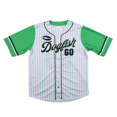 Stripe baseball tee green sleeves front script Dogfish 60 text, back block lettering Dogfish Head large 60