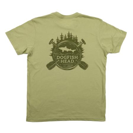 Fern green short sleeve unisex tee shirt with paddle and camp inspired artwork