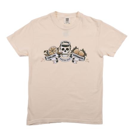 Ivory short sleeve tee shirt with skull and fruit Explore Goodness artwork. 
