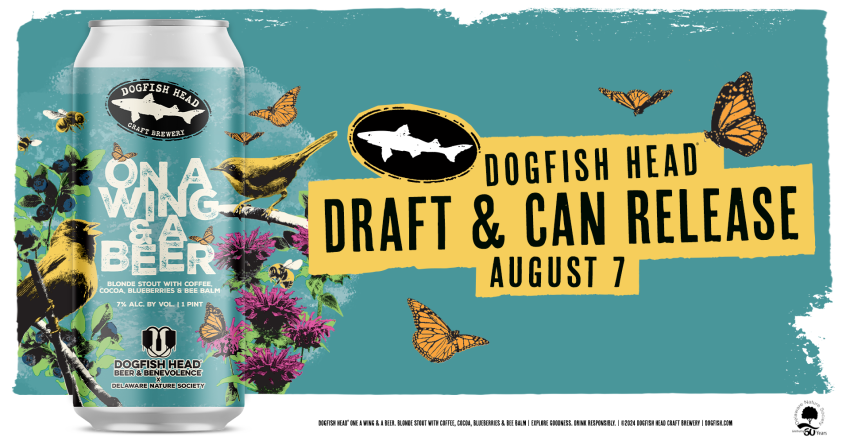 turquoise background, rendering of a can of Dogfish Head beer On A Wing & A Beer, a collaboration with Delaware Nature Society, and illustrations of butterflies and birds