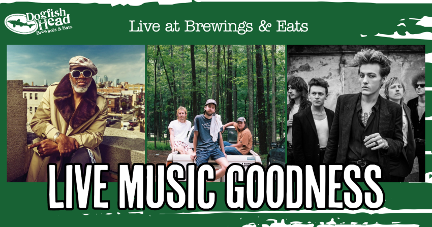 A green, painted background with three, square photos across the middle of three bands, that says Live at Brewings & Eats at the top and Live Music Goodness in big, block letters at the bottom
