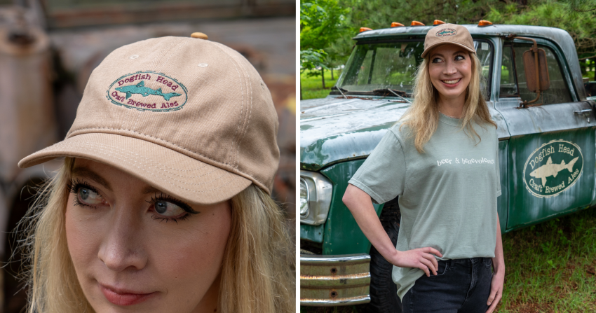 Person wearing a Dogfish Head Beer & Benevolence hat and a t-shirt in front of an old truck