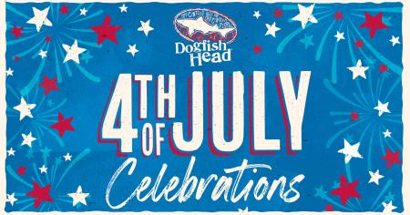Dogfish Head 4th of July Celebrations banner. Blue background with red and white stars.