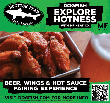 photo of hot wings and a beer, the Dogfish Head logo, and text reading "explore hotness"
