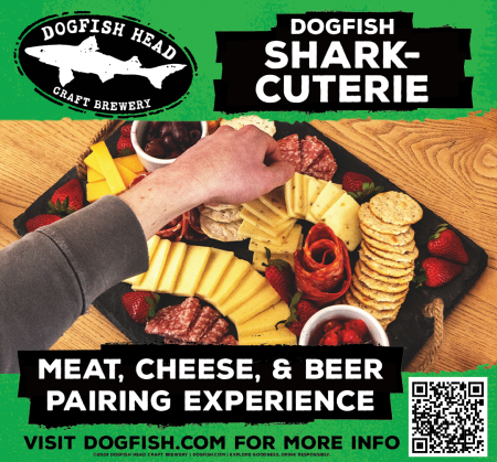 photo of a charcuterie board, the Dogfish Head logo, and text that reads "Dogfish Shark-Cuterie"