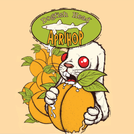 cartoon rabbit eating apricots with Dogfish Head logo on a light orange background
