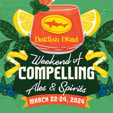 Weekend of Compelling Ales & Spirits, March 22 - 24, 2024 with drawn images of different fruits on a green backdrop