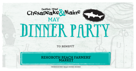 gray background with cartoon illustration of seafood with turquoise text about a May dinner party at Chesapeake & Maine benefiting the Rehoboth Beach Farmer's Market