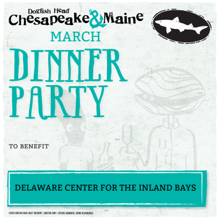 gray background with cartoon illustration of seafood with turquoise text about a March dinner party at Chesapeake & Maine benefiting Delaware Center for the Inland Bays